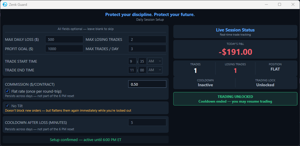 The same Zenk Guard panel a few minutes later, with Cooldown reading Inactive, Trading Lock reading Unlocked, and a green banner stating that the cooldown ended and trading may resume.