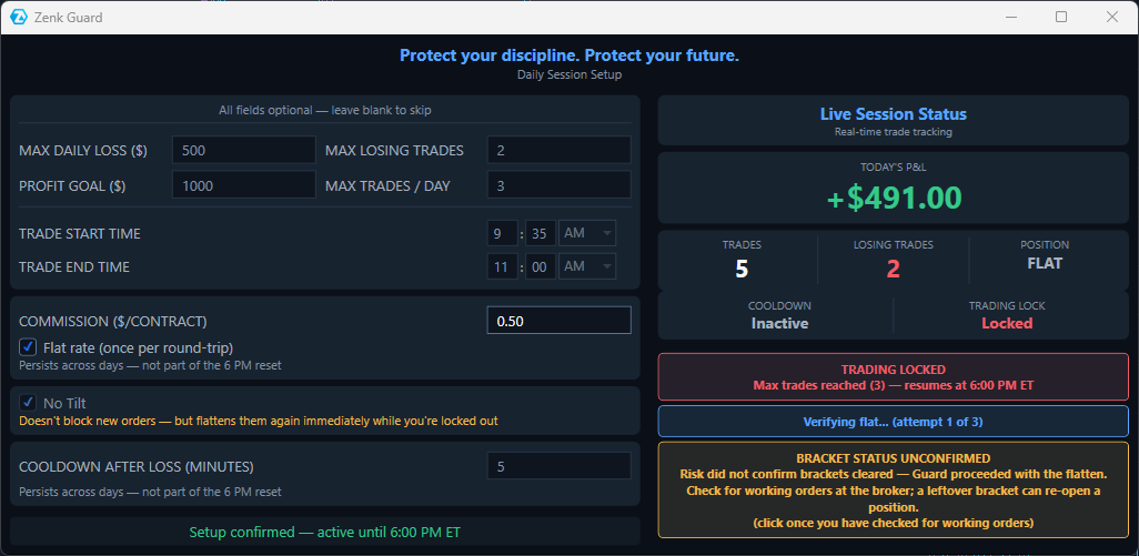 The Zenk Guard panel showing five trades against a maximum of three, with the red trading-locked banner still displayed, a blue banner reading that Guard is verifying flat, and an amber warning that bracket status is unconfirmed and working orders should be checked at the broker.
