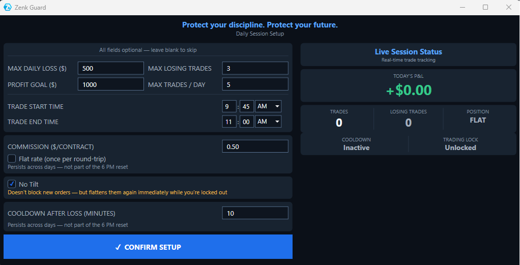 Zenk Guard setup panel detail