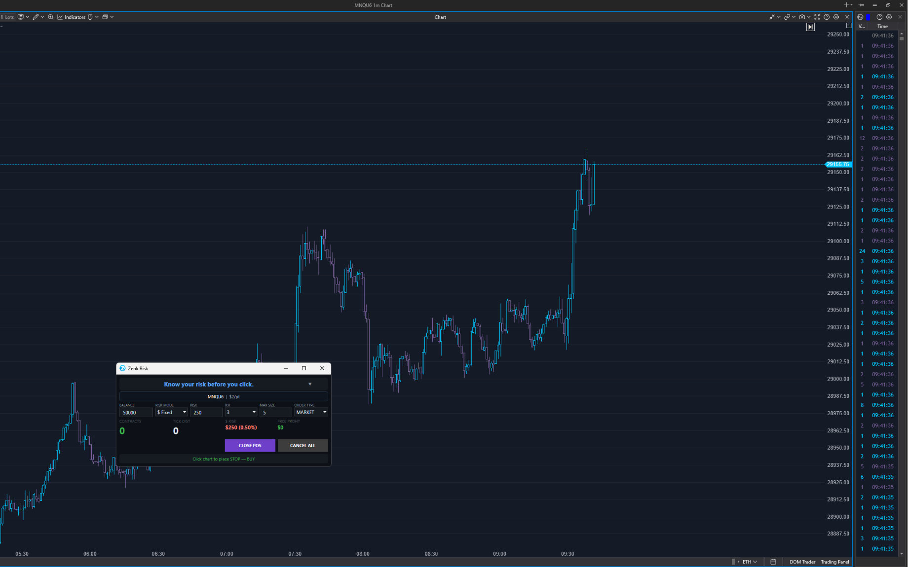 Zenk Risk panel prompting the trader to click the ATAS chart to place the stop for a buy order.