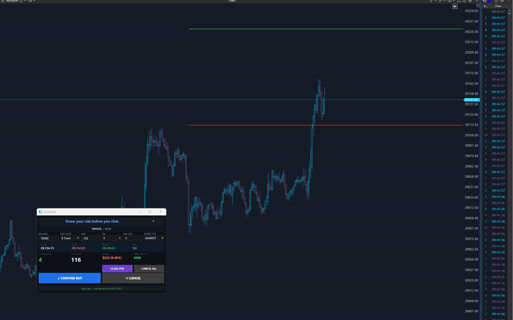 Final order confirmation displaying entry, stop, target, and calculated risk.